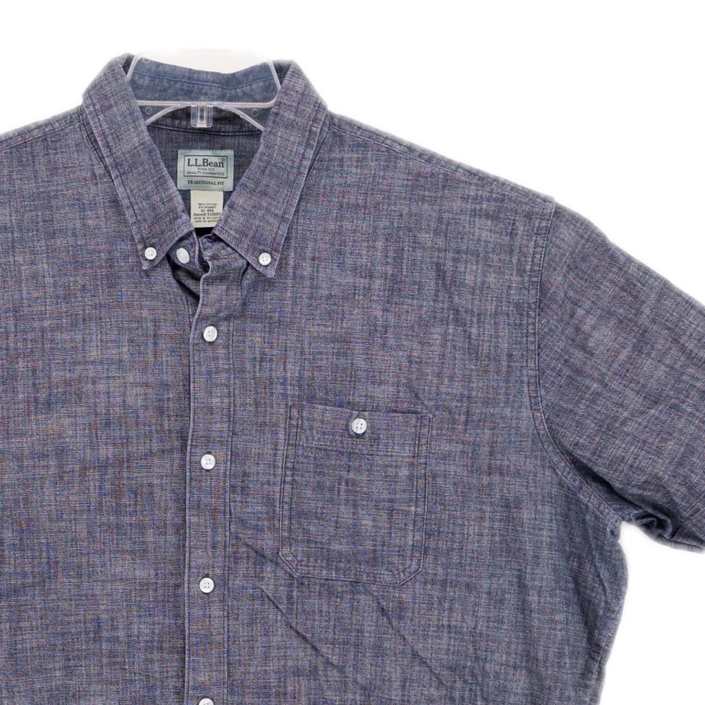 L.L. Bean Mens XL Shirt Blue Comfort Stretch Chambray Short Sleeve Casual Top